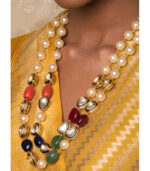 New Age Wonder Off White And Blue Kundan , Pearls And Jade Beads Necklace And Earrings Set
