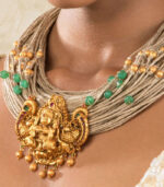 Celestial Surprise Beige Jute Threaded Gold Pendant Necklace And Earrings Set