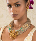 Celestial Surprise Beige Jute Threaded Gold Pendant Necklace And Earrings Set