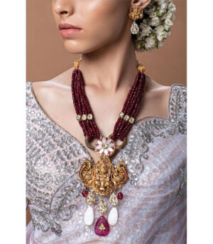 Red And Gold Toned Temple Figure Necklace And Earring Set