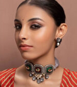 Green Kundan Yellow Gold Brass Necklace & Pair Of Earring