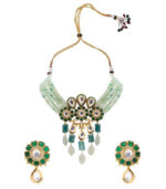 Green Kundan Yellow Gold Brass Necklace & Pair Of Earring