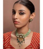 Green Kundan Yellow Gold Brass Necklace & Pair Of Earring