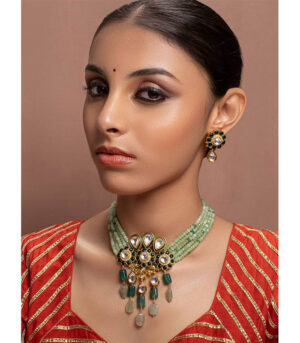 Green Kundan Yellow Gold Brass Necklace & Pair Of Earring