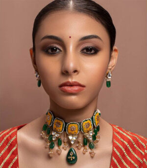 Ocre Kundan Yellow Gold Brass Necklace & Pair Of Earring