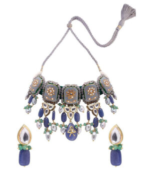 Grey Kundan Yellow Gold Brass Necklace & Pair Of Earring
