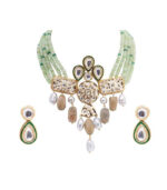 Green Kundan Yellow Gold Brass Necklace & Pair Of Earring