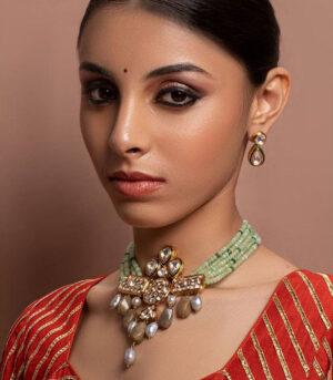 Green Kundan Yellow Gold Brass Necklace & Pair Of Earring