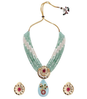 Green Kundan Yellow Gold Brass Necklace & Pair Of Earring