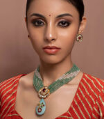 Green Kundan Yellow Gold Brass Necklace & Pair Of Earring