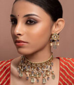 White Kundan Yellow Gold Brass Necklace & Pair Of Earring