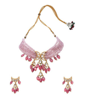 Pink Gold Tone Beaded Kundan Necklace Set