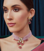 Pink Gold Tone Beaded Kundan Necklace Set