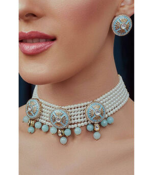 Blue White Gold Tone Meenakari Pearl Necklace Set