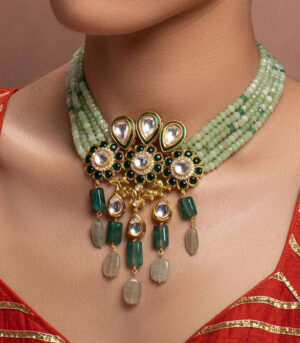 Green Yellow Gold Brass Kundan Necklace