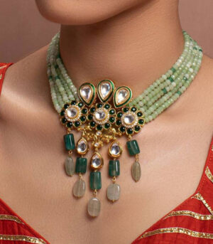 Green Yellow Gold Brass Kundan Necklace