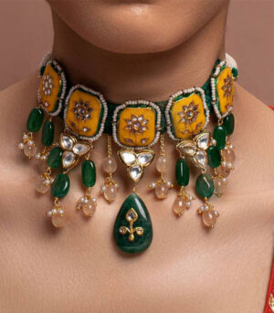 Ocre Yellow Gold Brass Kundan Necklace