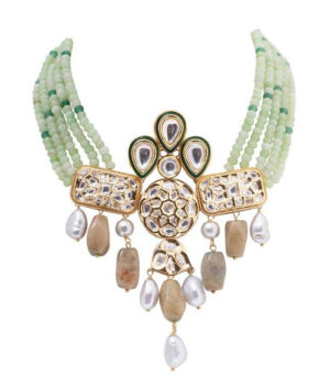 Green Yellow Gold Brass Kundan Necklace