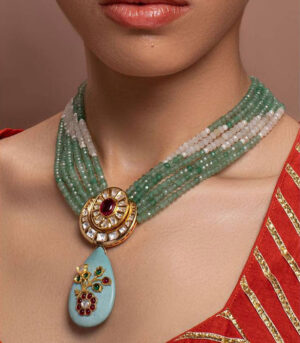 Green Yellow Gold Brass Kundan Necklace