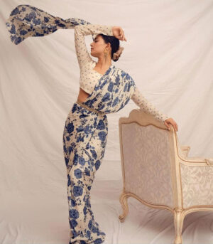 Sabyasachi Designer Bollywood Blue And Cream Flower Printed Saree