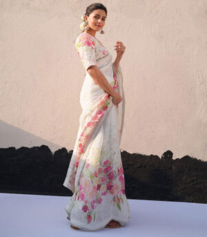 Alia Bhatt Style White Gangubai Kathiawadi Flower Print Saree