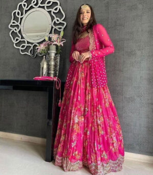 Attractive Pink Printed Georgette Silk Party Lehenga Choli