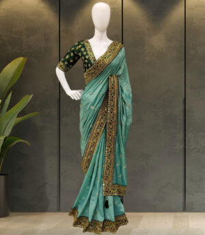 Light Green Organza Embroidered Vichitra Silk Saree