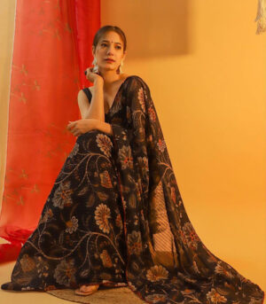 Black Beautiful Flower Print Bollywood Sequence Saree