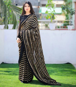 Black Fancy Sequence Work With Heavy Lace Border Saree