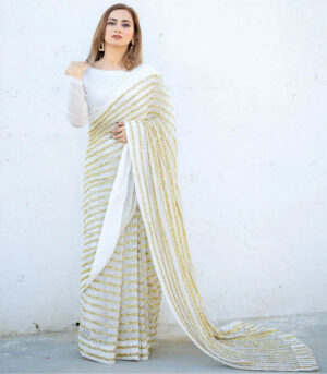 White Fancy Sequence Work With Heavy Lace Border Saree