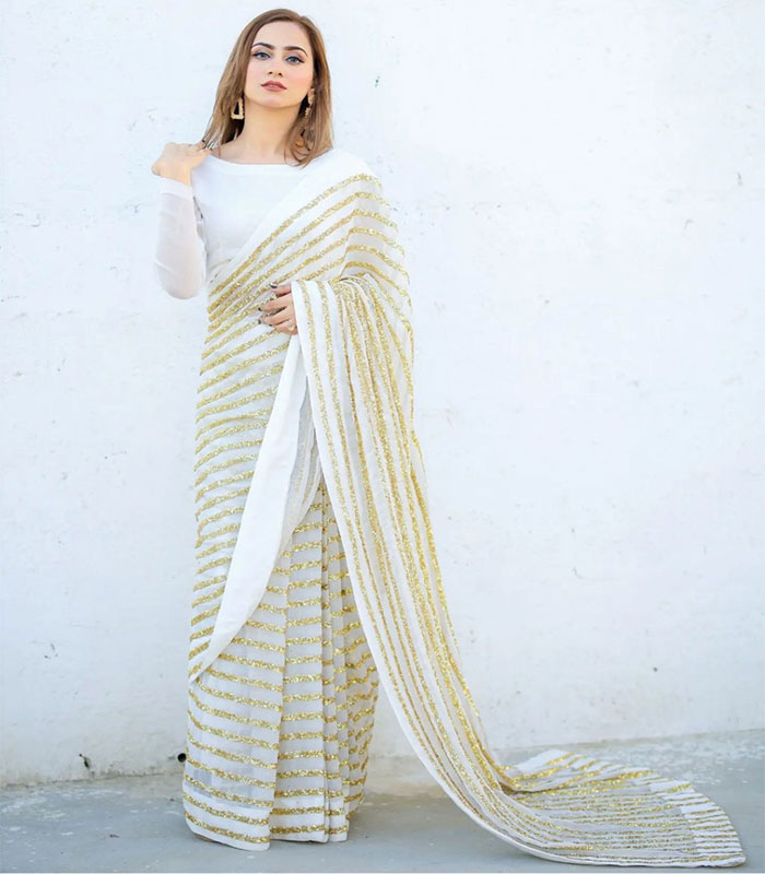 White Fancy Sequence Work With Heavy Lace Border Saree - Zakarto
