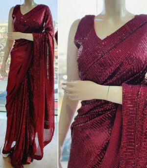 Red Georgette Sequence Work Fancy Saree