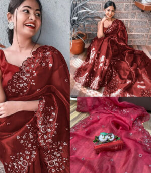 Maroon Fancy Soft Organza Sarees