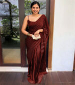 Maroon Khadi Organza Silk Plain Crush Saree