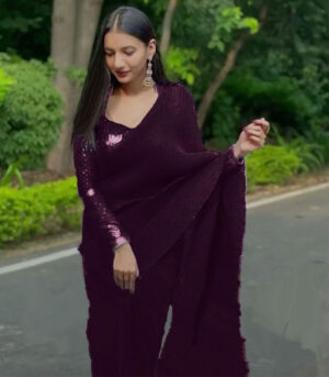 Sabnam Faria Magic Fox Georgette Crush Pleated Wine Saree