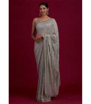 Light Grey Swarovski Semi Crepe Designer Saree