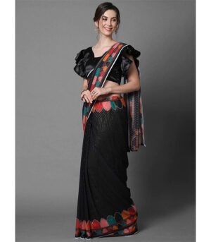 Black Flower Printed Sequined Saree