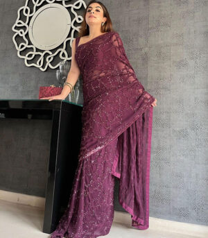 Flower Dark Maroon Embroidered Sequin Saree