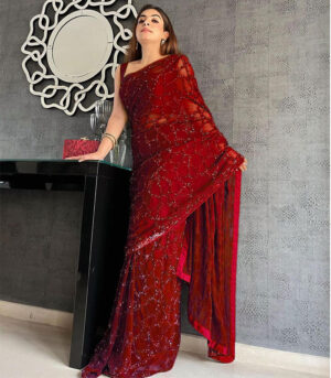Red Embroidered Sequin Saree