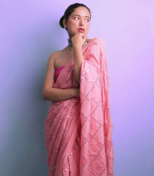 Half & Half Pink Mirror Designer Heavy Sequins Woman Saree