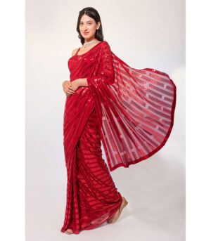 Red Beautiful Saree Fancy Sequence Work With Blouse