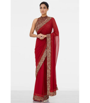 Beautiful Red Sequence Saree With Blouse Work
