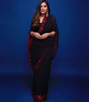 Beautiful Black Colour With Red Sequence Saree With Blouse