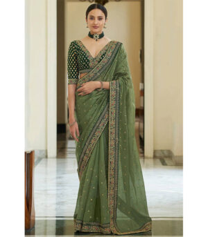 Green Organza Embroidered Vichitra Silk Saree