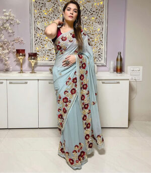Pooja Gor Sky Blue Floral Design Partywear Saree