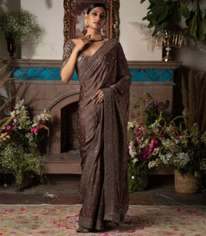 Huge Sabyasachi Chocolate Brown Sequence Work Silk Saree