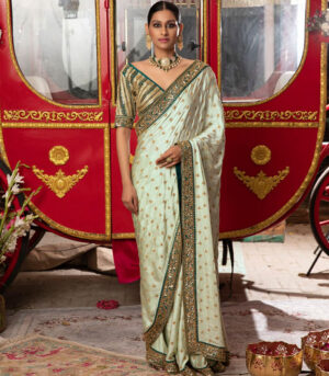 Light Mint Green Satin Georgette Embroidered Saree With Blouse