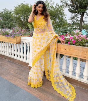 Yellow And White Fancy Thread Work Saree