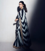 Parineeti Chopra Bollywood New Black & Ivory Foil Striped Sarees