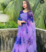 Blue Flower Digital Print With Handwork Khatli Work Saree